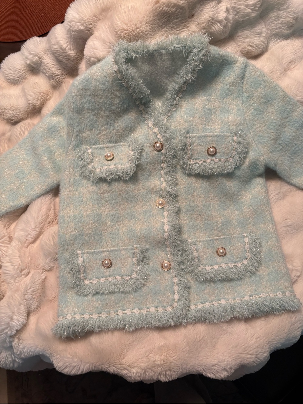Light  Fuzzy Tweed Pocket Cardigan with Pearl Buttons